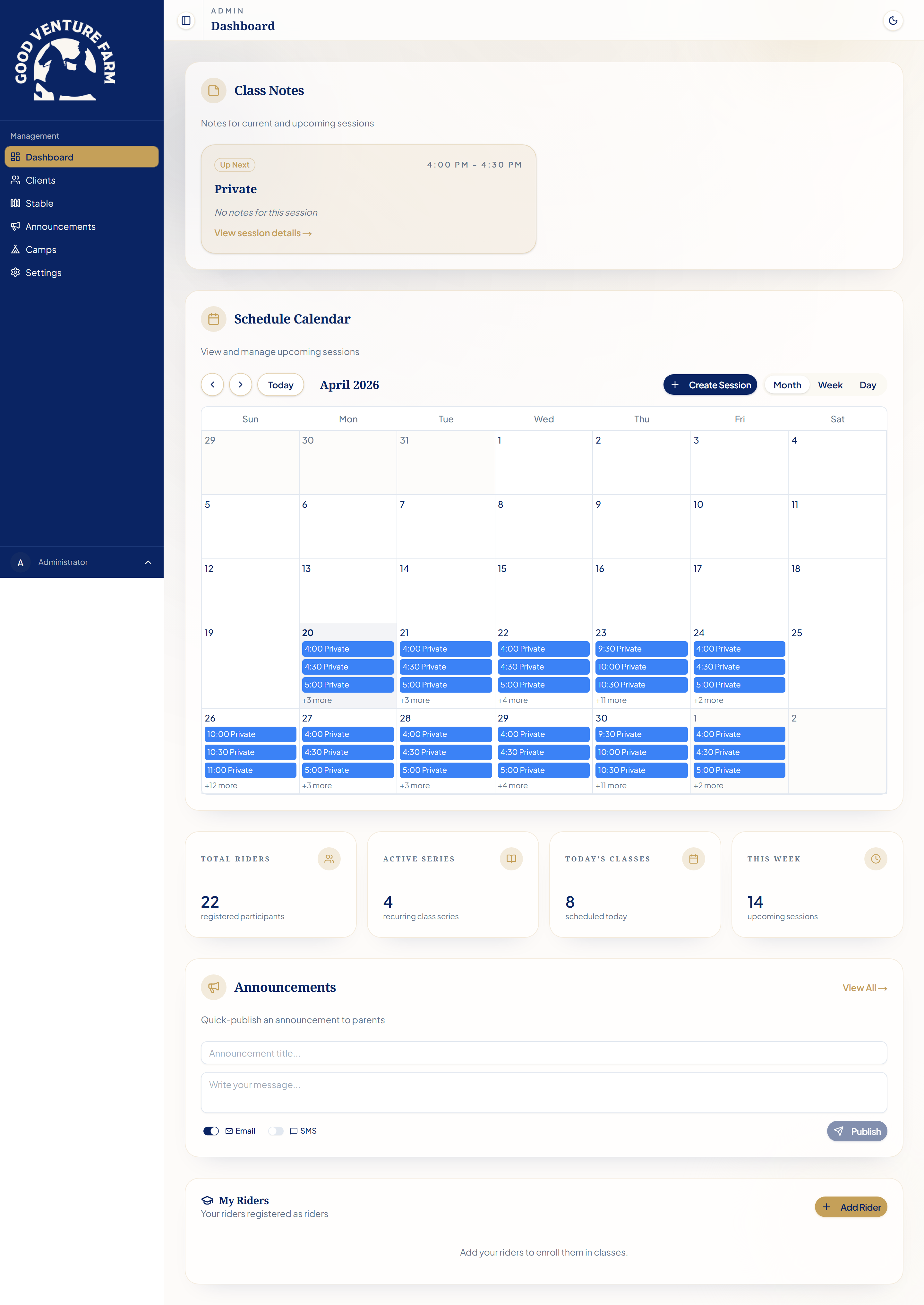 SaddleSync barn dashboard on desktop: schedule calendar, class notes, rider stats, and announcements