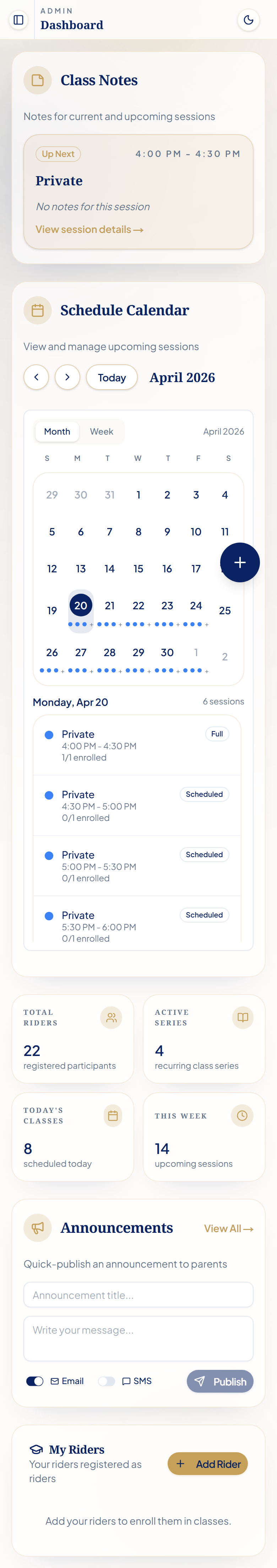 SaddleSync barn dashboard on mobile: schedule calendar with a selected day showing scheduled lessons