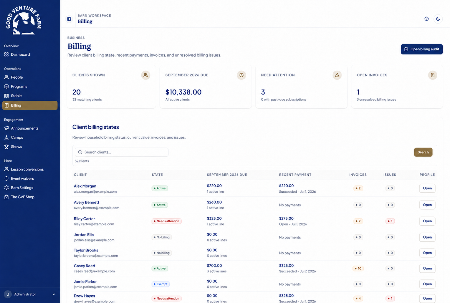 Current billing workspace with fictional client names and email addresses