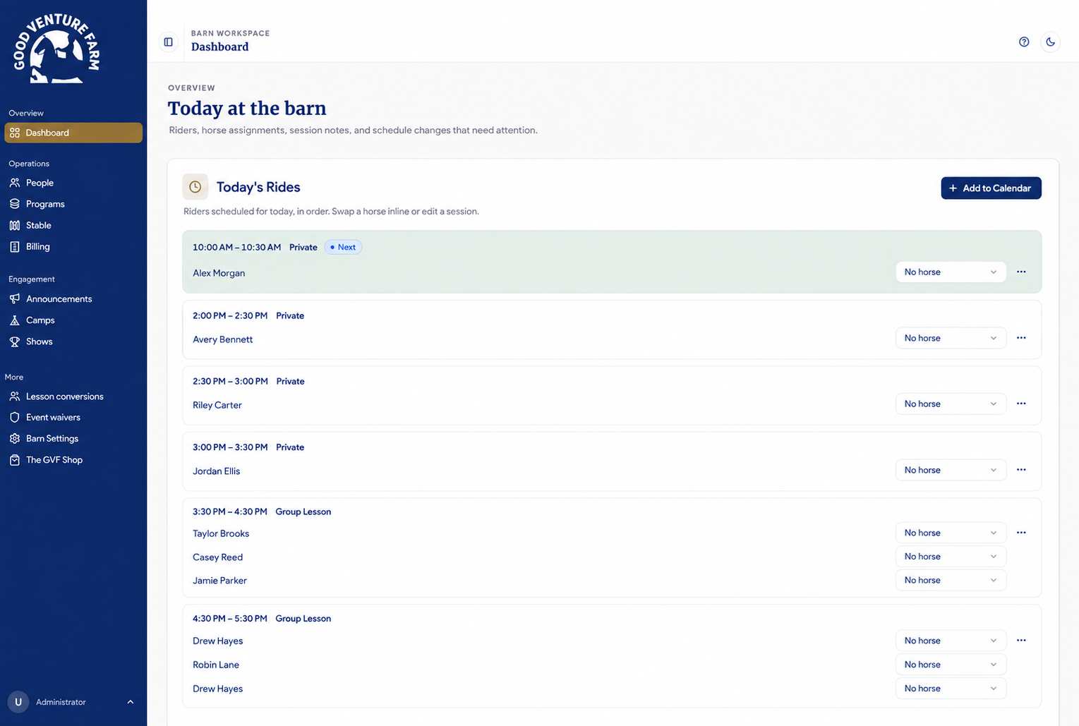 Current daily rides dashboard with fictional rider names