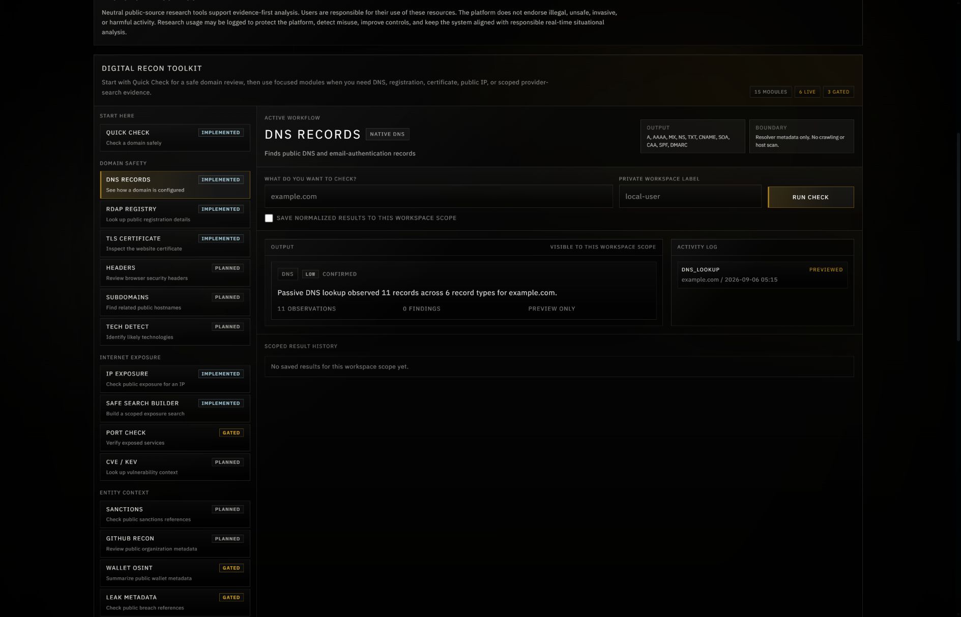 LabyrinthOS public-source research workbench with its research tools and scoped history